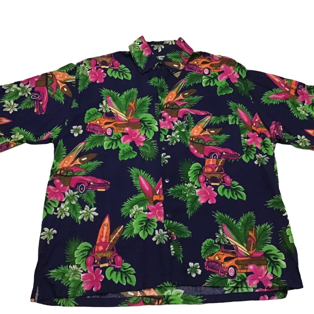Hawaiian Shirt 100% Rayon Mens Sz M Old Cars Surf Boards Tropical All Over Print